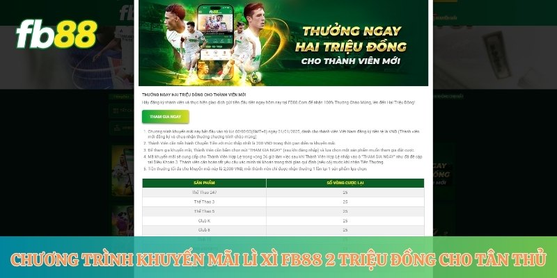 Chương trình khuyến mãi lì xì FB88 2 triệu đồng cho tân thủ